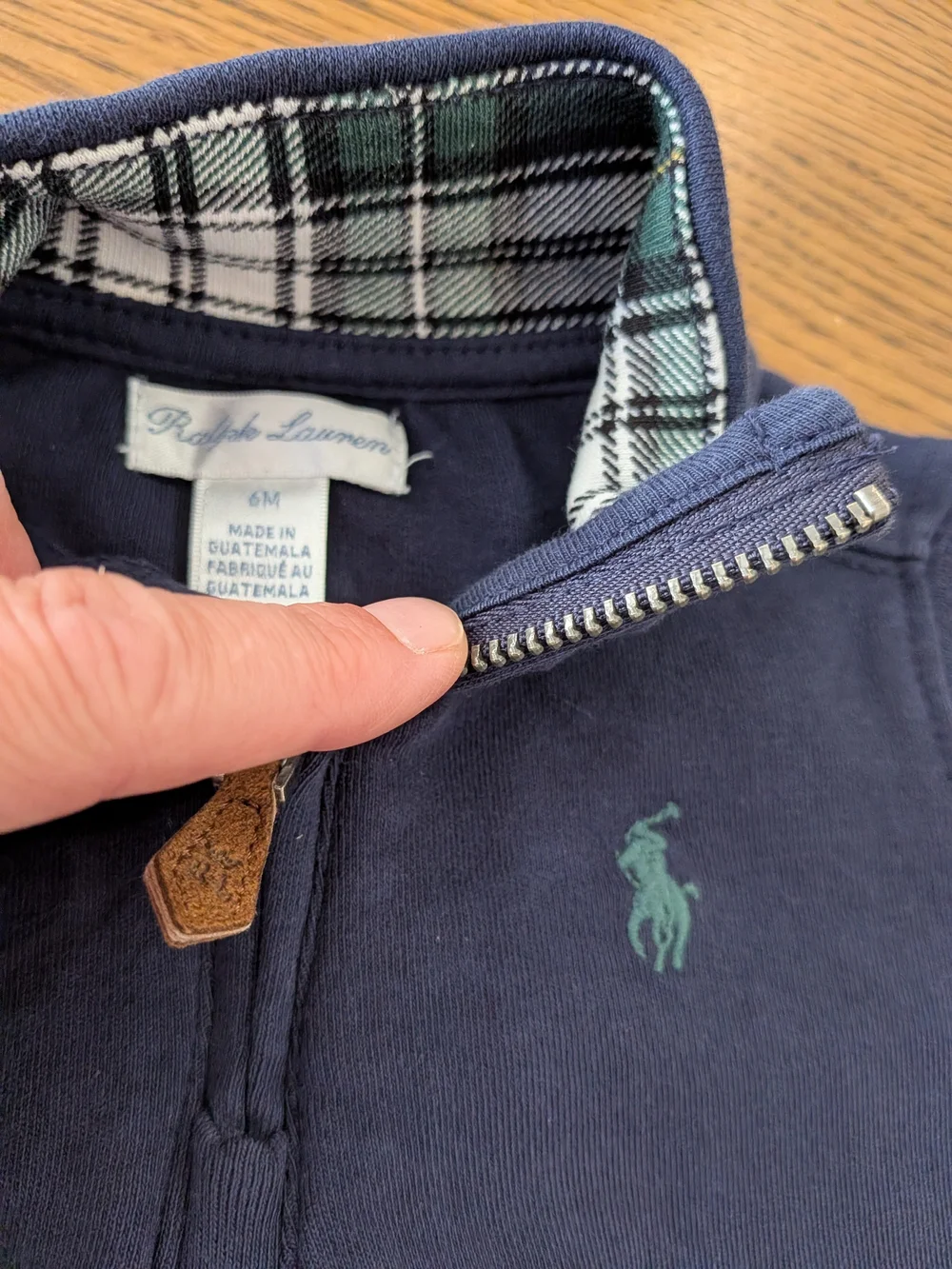 Ralph Lauren Navy Blue Quarter-Zip HlPullover with Plaid Trim, Sz. 6 Months